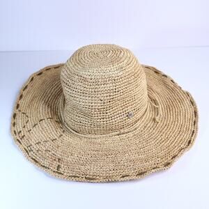 FLORA BELLA Raffia Sun Hat Natural Decorative Stitching Wide Brim